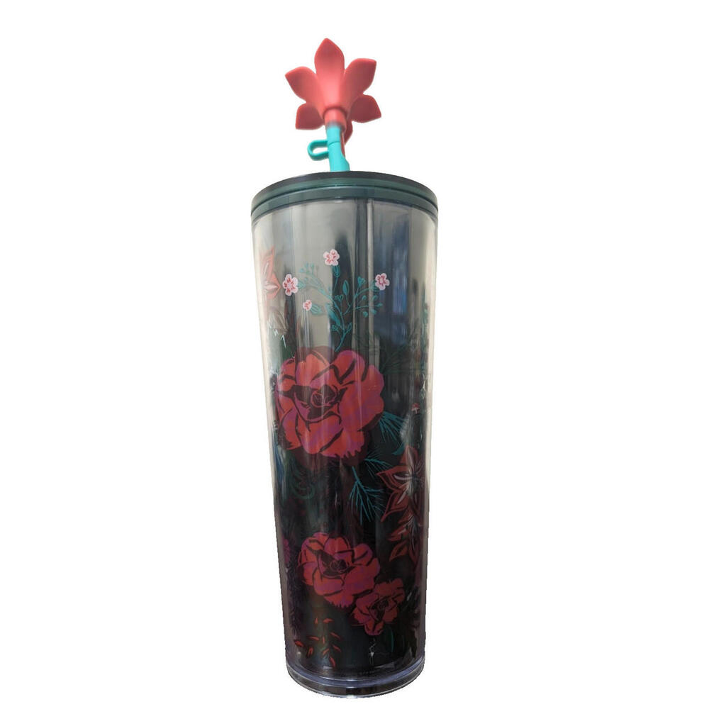 NEW Starbucks Holiday 2022 Poinsettia 24oz Cold Cup Tumbler with Flower Straw - Picture 4 of 7